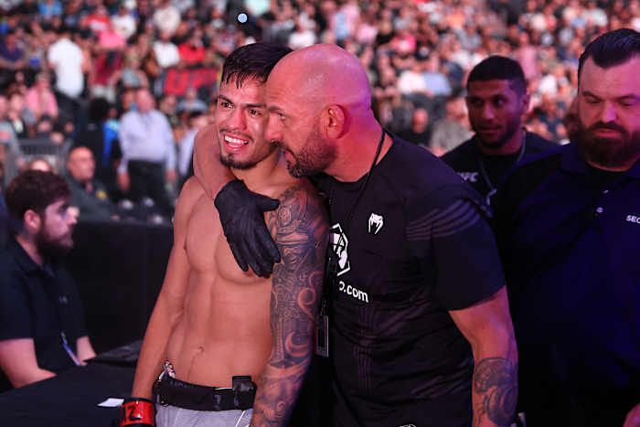 Brandon Royval celebrates his victory by submission against Matt Schnell during UFC 274 at Footprint Center.